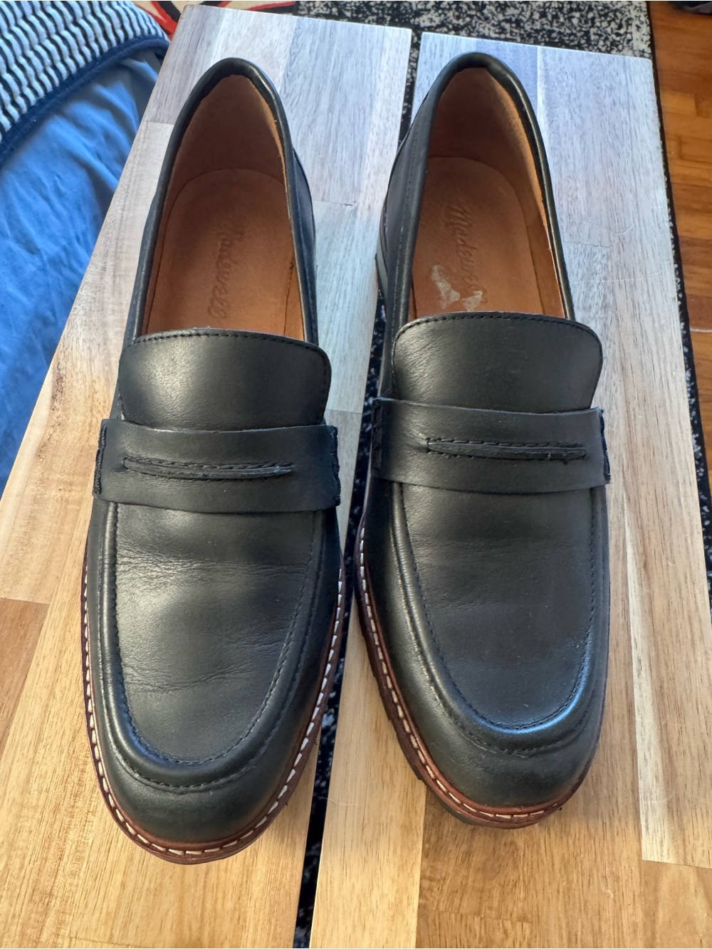 Womens Madewell Black Leather Penny Loafers with Brown Trim